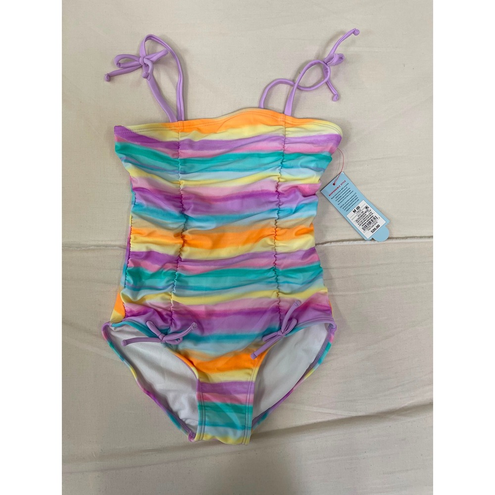 Catâ & Jack Girls Rainbow Striped Ruched One Piece Swimsuit Size M 8 NWT